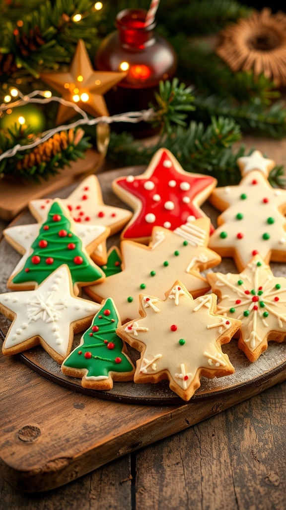 Decorated Christmas sugar cookies in star, tree, and snowflake shapes on a wooden table with holiday decorations.